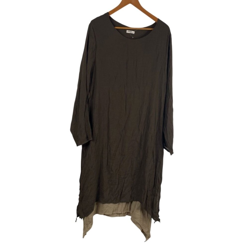 Anself Women's 3/4 Sleeve Draped Crepey Lagenlook Asymmetrical Dress Brown Sz 5X